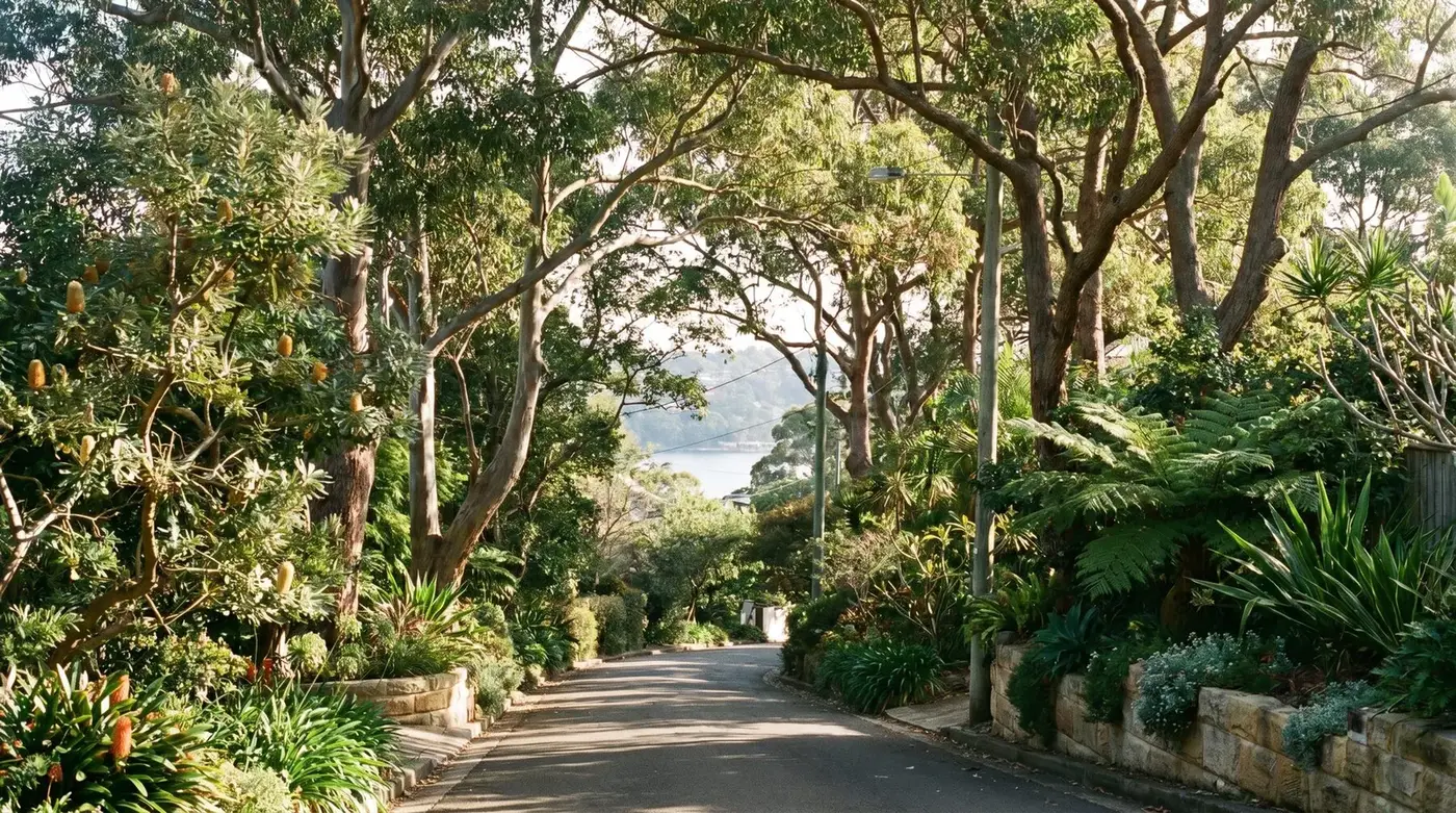 A winding leafy Castlecrag street with sandstone garden walls and a glimpse of harbour water through the trees