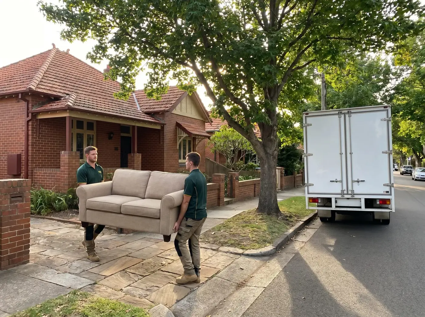 Two crew members in green polos carrying a sofa down the front path of a brick house to their truck