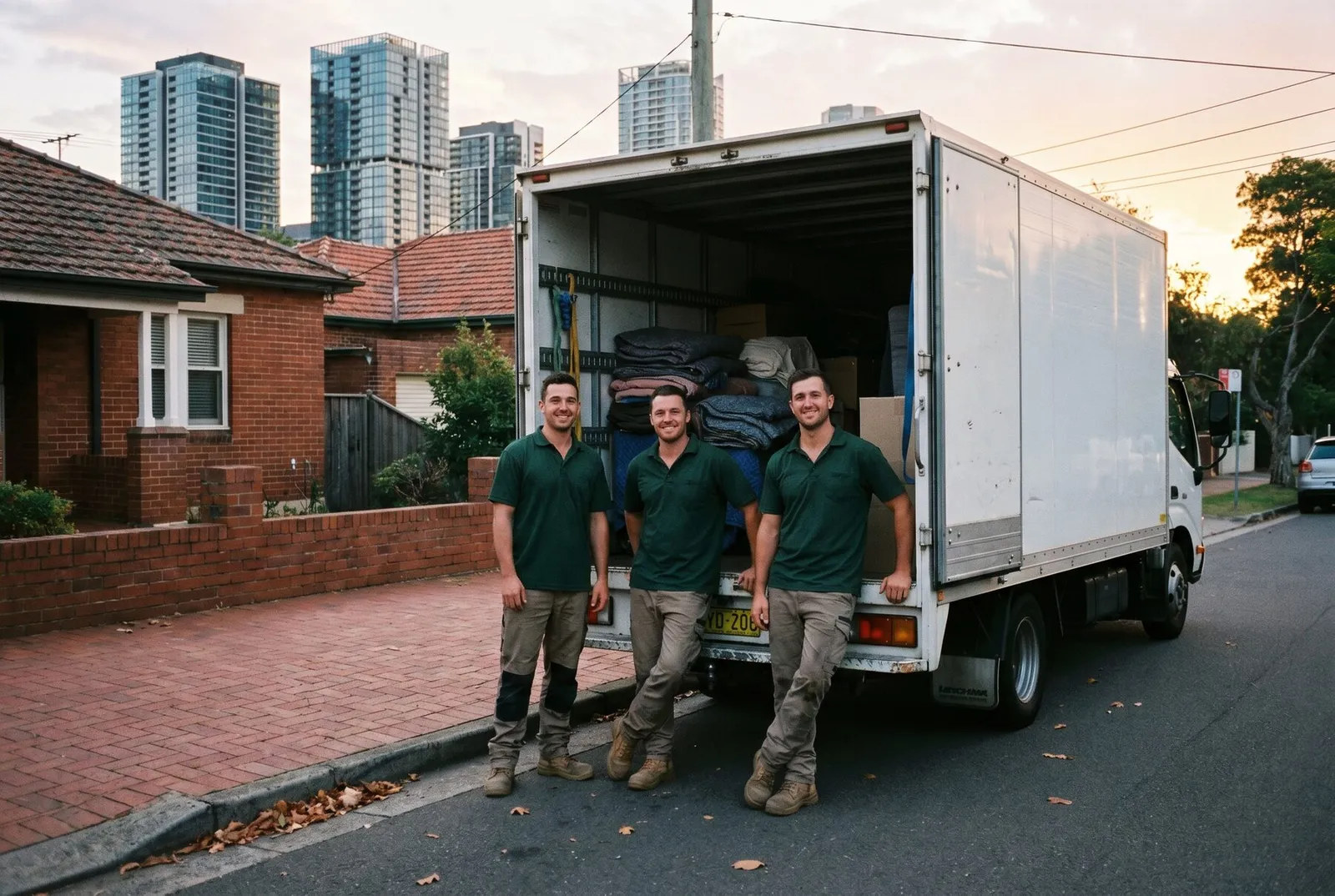 Three crew members in green polos by their truck on a brick street, Chatswood towers rising behind at dusk