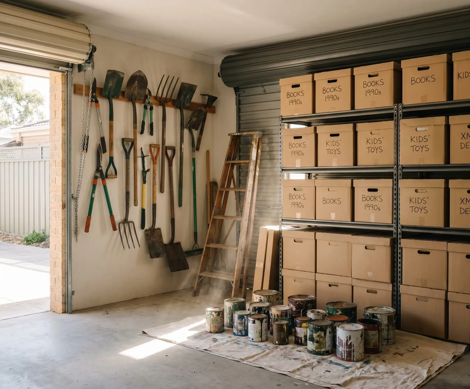 A garage mid-sort: tools on the wall, labelled boxes on shelves, paint tins grouped on a drop sheet