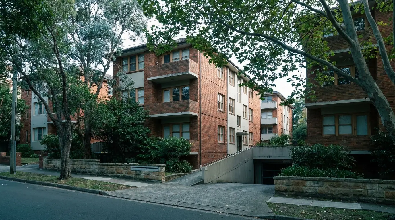 Low-rise red-brick and rendered walk-up apartment blocks behind street trees on a quiet Lane Cove street