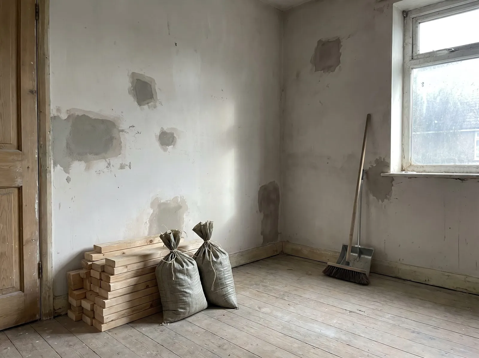A stripped renovation room with patched walls, floor swept clean, timber offcuts and tied bags stacked by the door