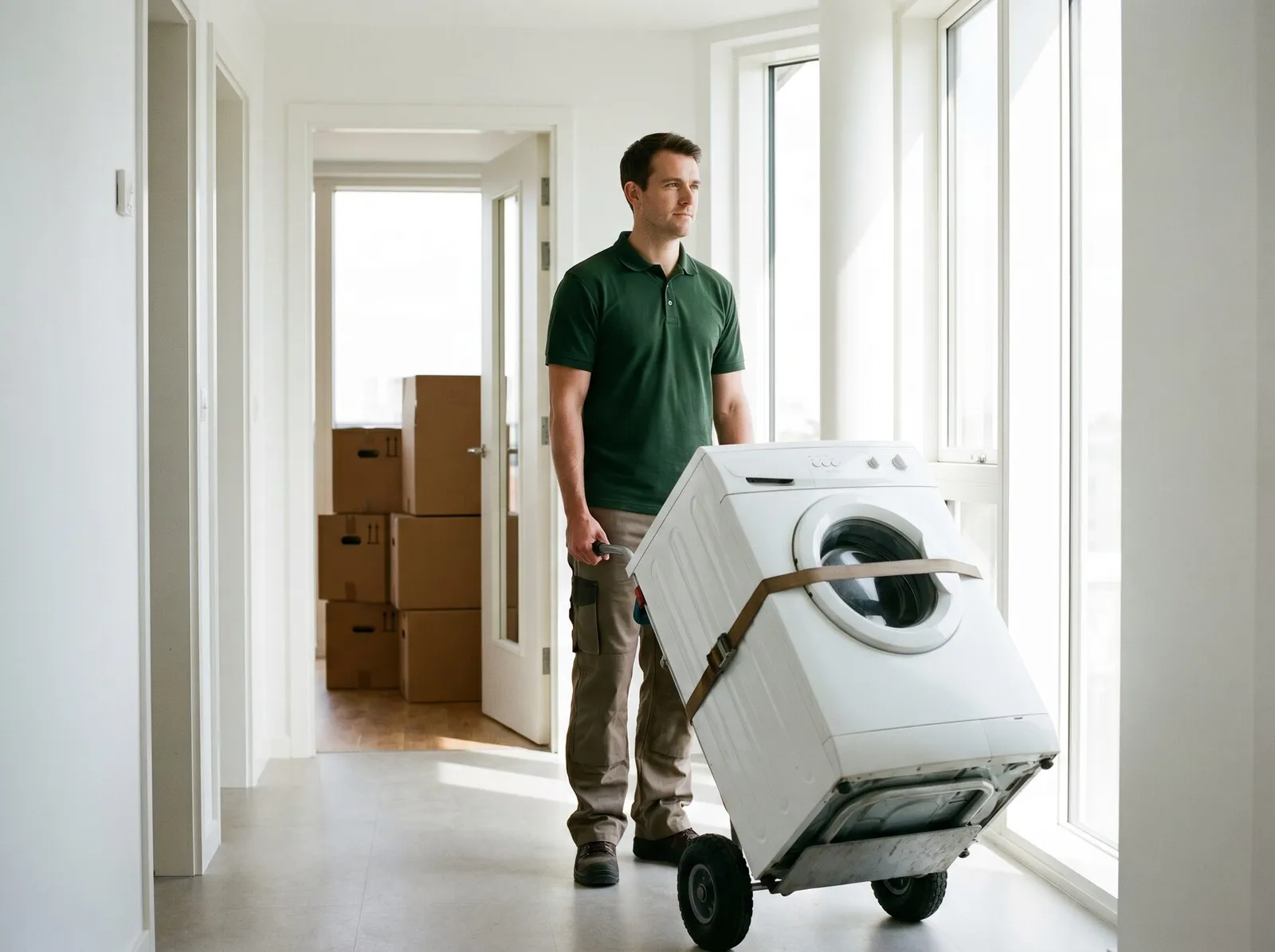 A crew member wheeling a strapped washing machine on a trolley along a bright apartment corridor