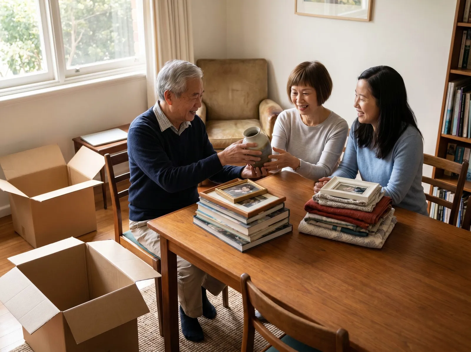 A couple in their seventies and their adult daughter sorting belongings into two groups at a dining table