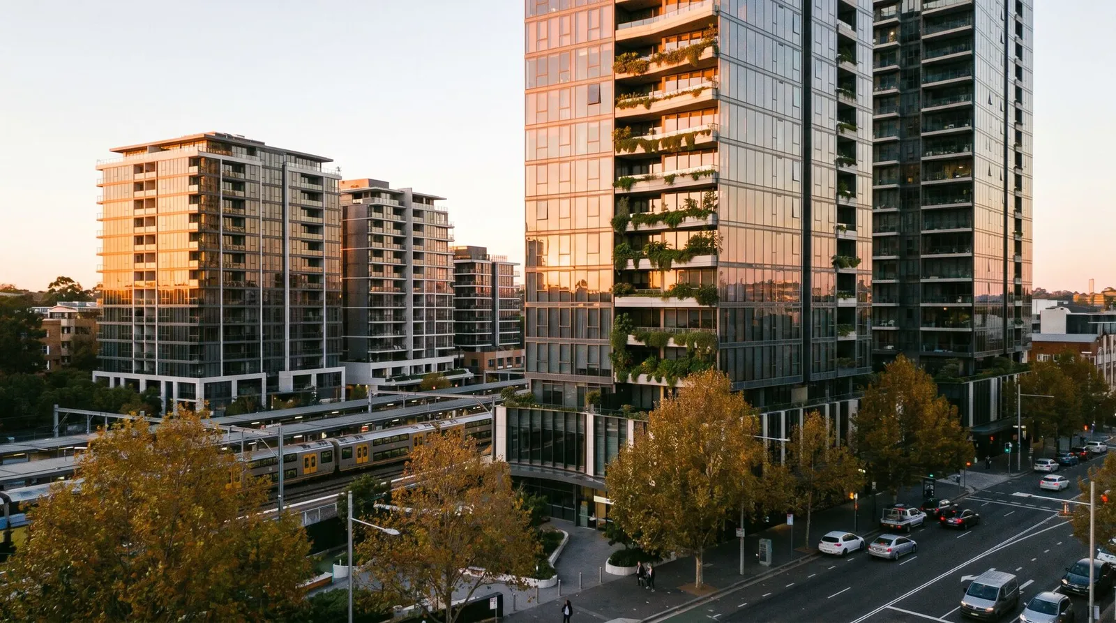 St Leonards apartment towers at dusk above the rail corridor, balconies catching the last light